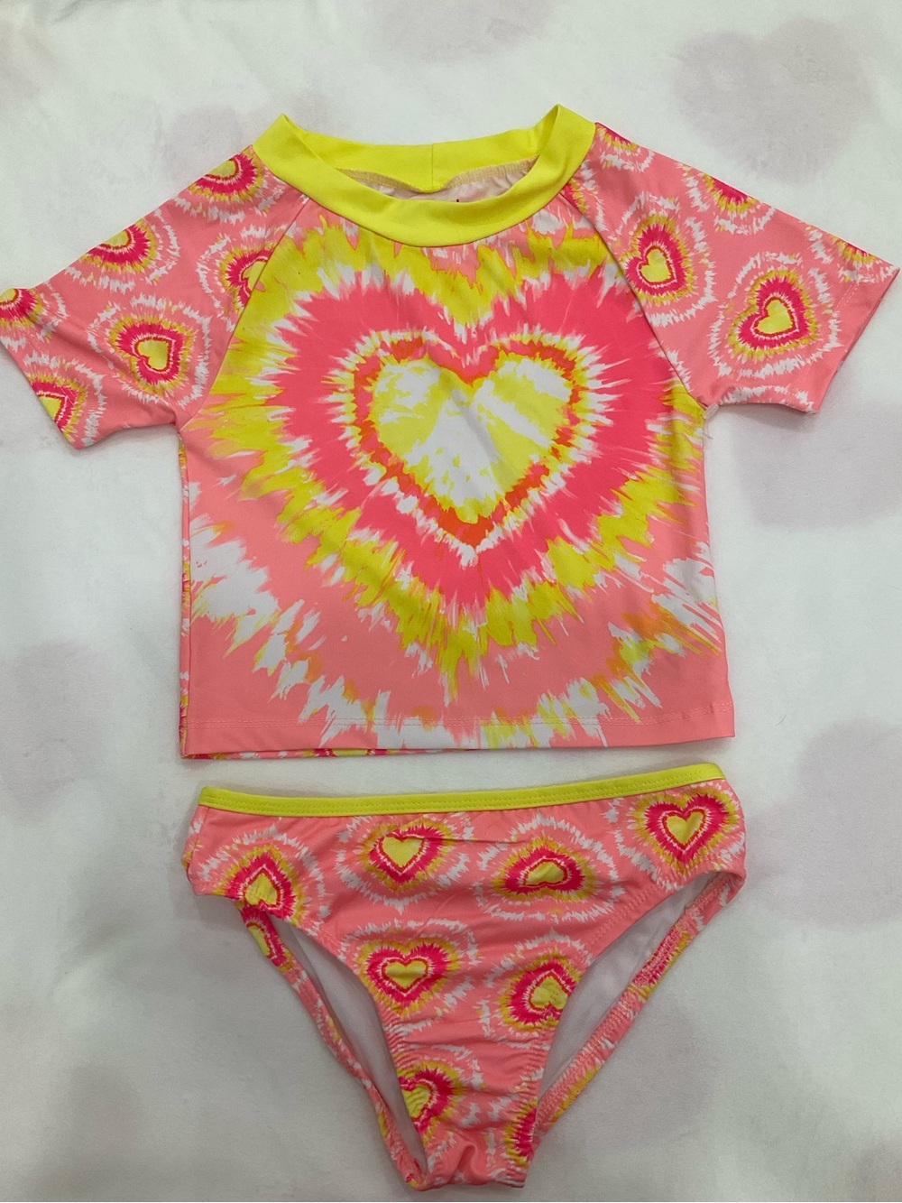 Kids Pink & Yellow Heart Tie-Dye Rash Guard Bikini Set